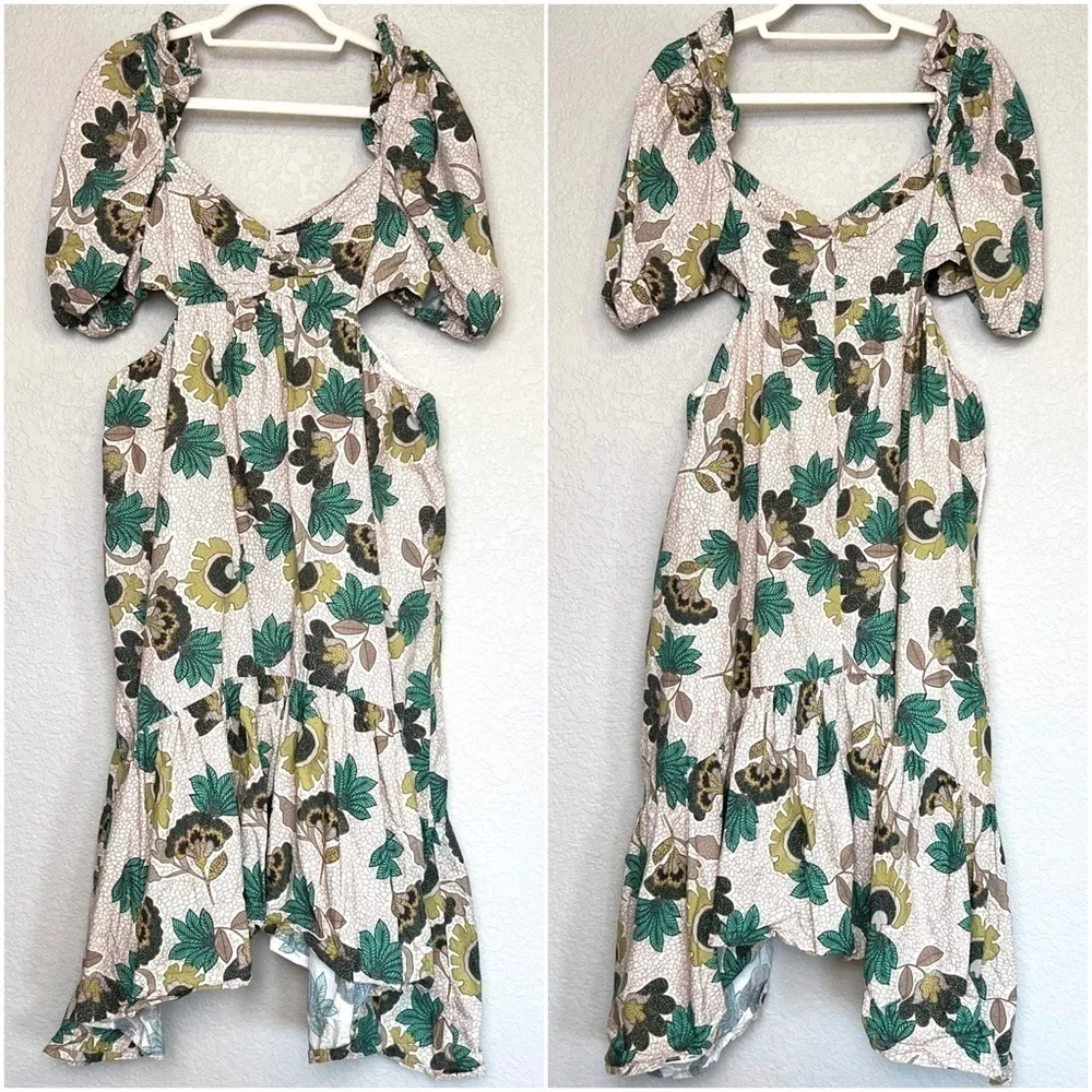 AUTUMN ADEIGBO Floral Print Puff Short Sleeve Cutout Tiered Ruffle Midi Dress 16